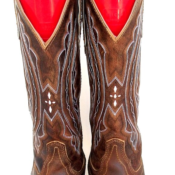 Justin Brown & White Leather Mid\Calf SquareToe Embroidered Cowgirl Boots 9M 39M - Picture 4 of 9